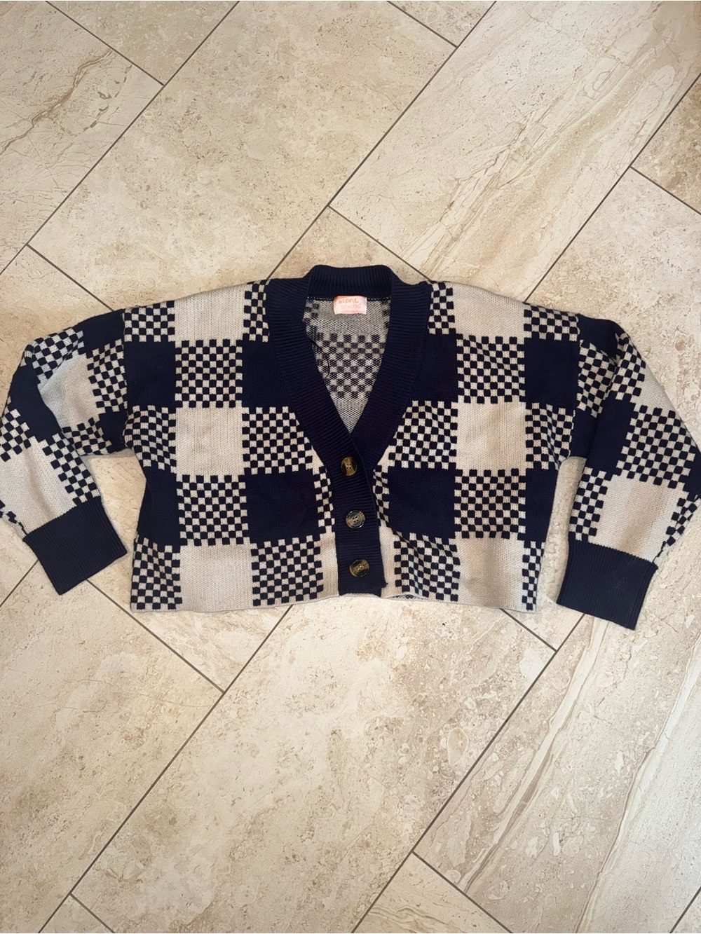 Navy And White Checkered Cardigan